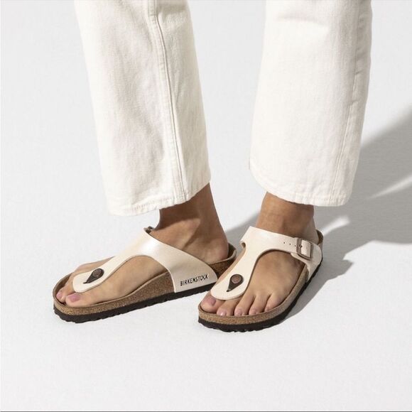 Birkenstock Gizeh Birko-Flor Graceful Pearl White Thong Toe T-Strap Sandals - Picture 1 of 10